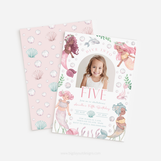 Mermaid-themed birthday invitation with a photo of a girl on a pink background