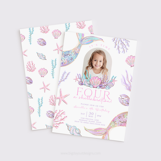 Mermaid-themed birthday invitation with a photo of a girl on a light gray background
