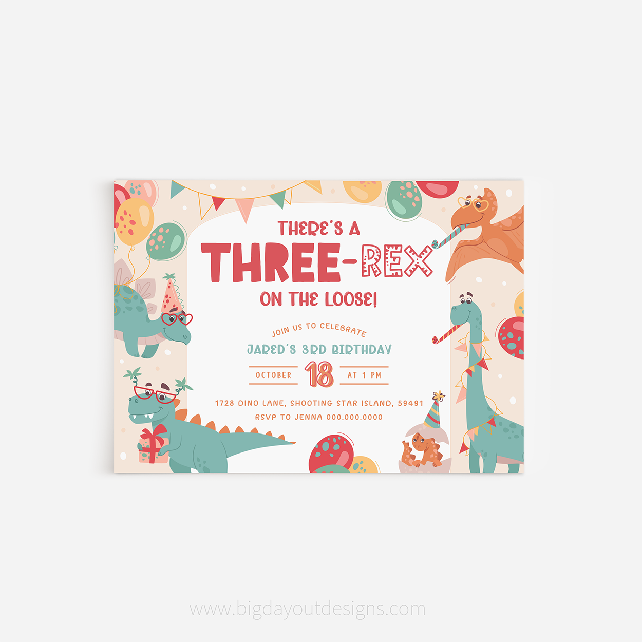 Birthday invitation card with cartoon dinosaurs and colorful balloons on a white background