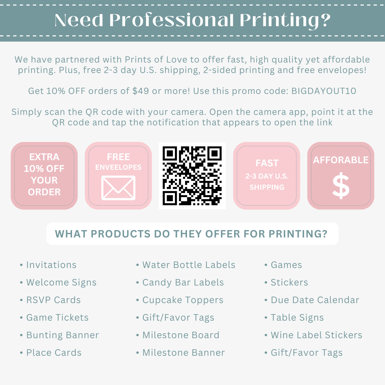 Promotional flyer for professional printing services with QR code and discount information.
