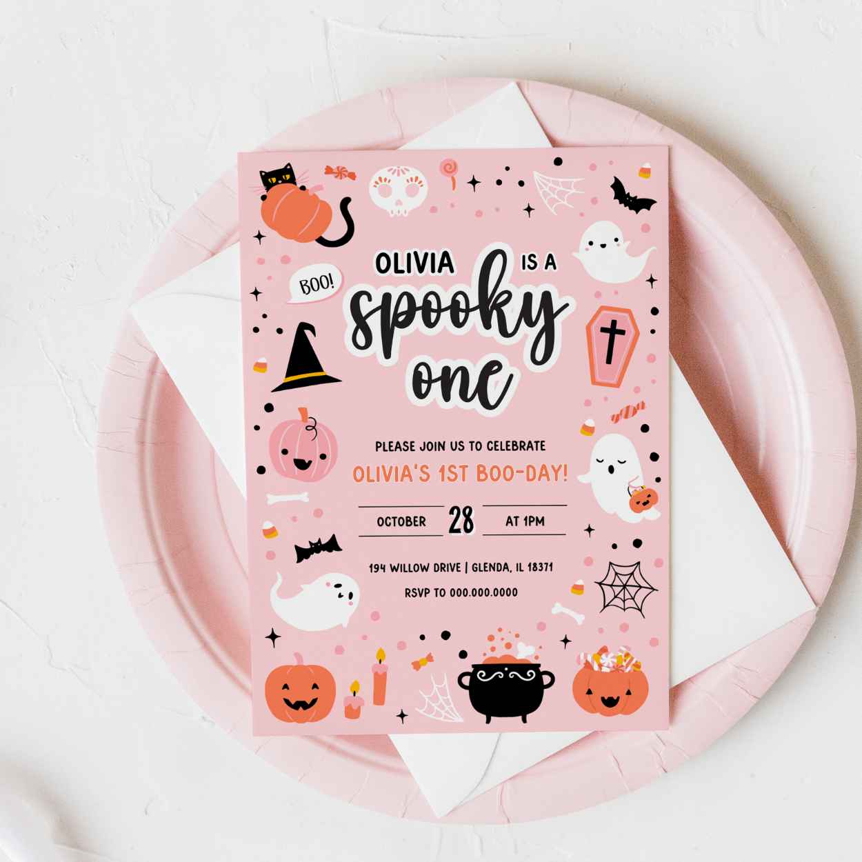 Pink Ghost Halloween 1st Birthday Invitation