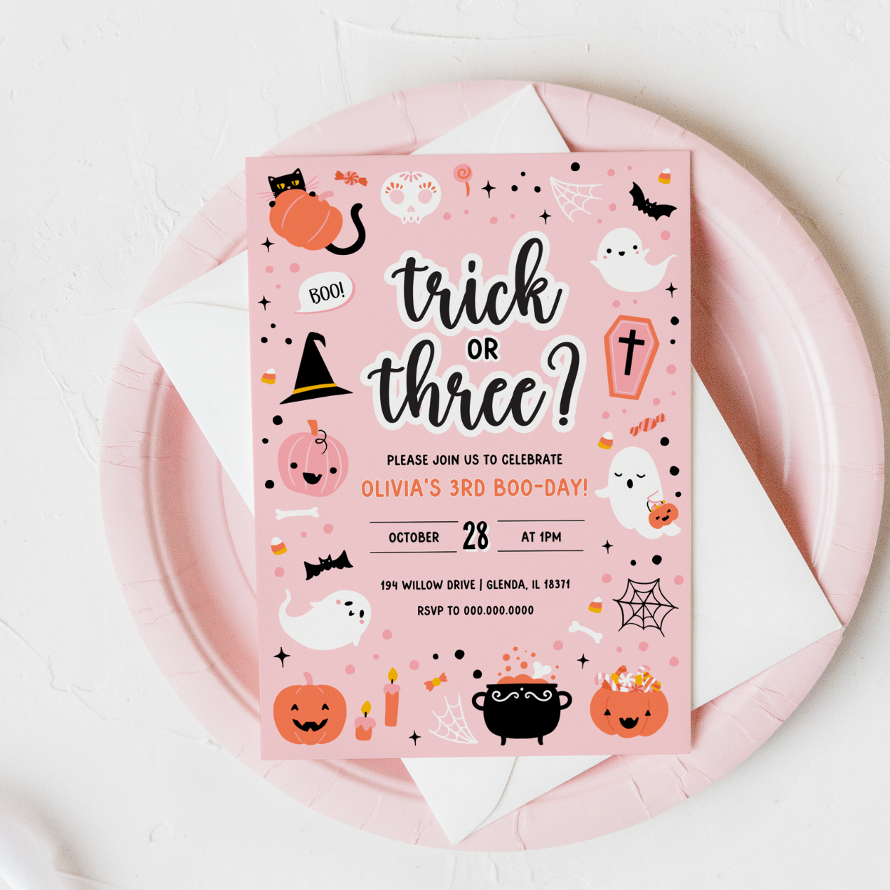 Pink Ghost Halloween 3rd Birthday Invitation