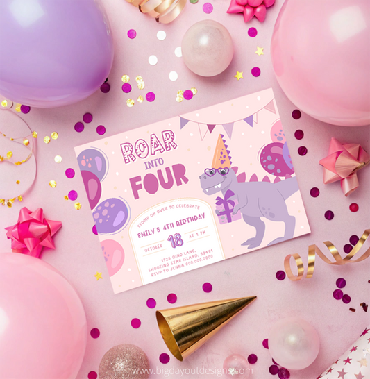 Birthday invitation card with dinosaur design surrounded by balloons and confetti on a pink background