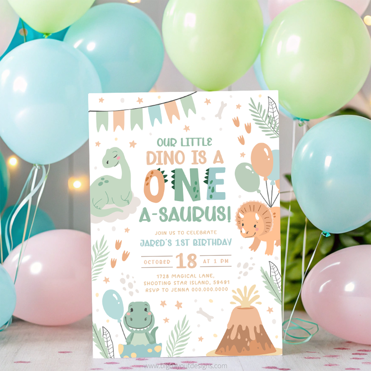 Birthday invitation card with dinosaur theme surrounded by balloons