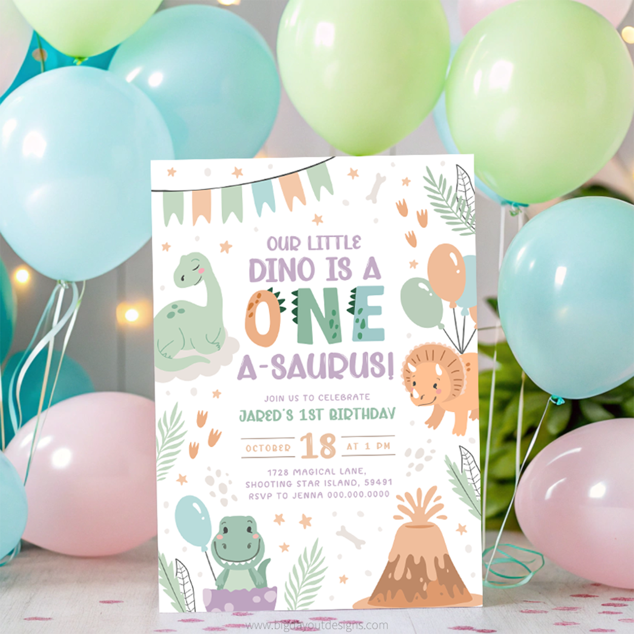 Birthday invitation card with dinosaur theme in front of balloons