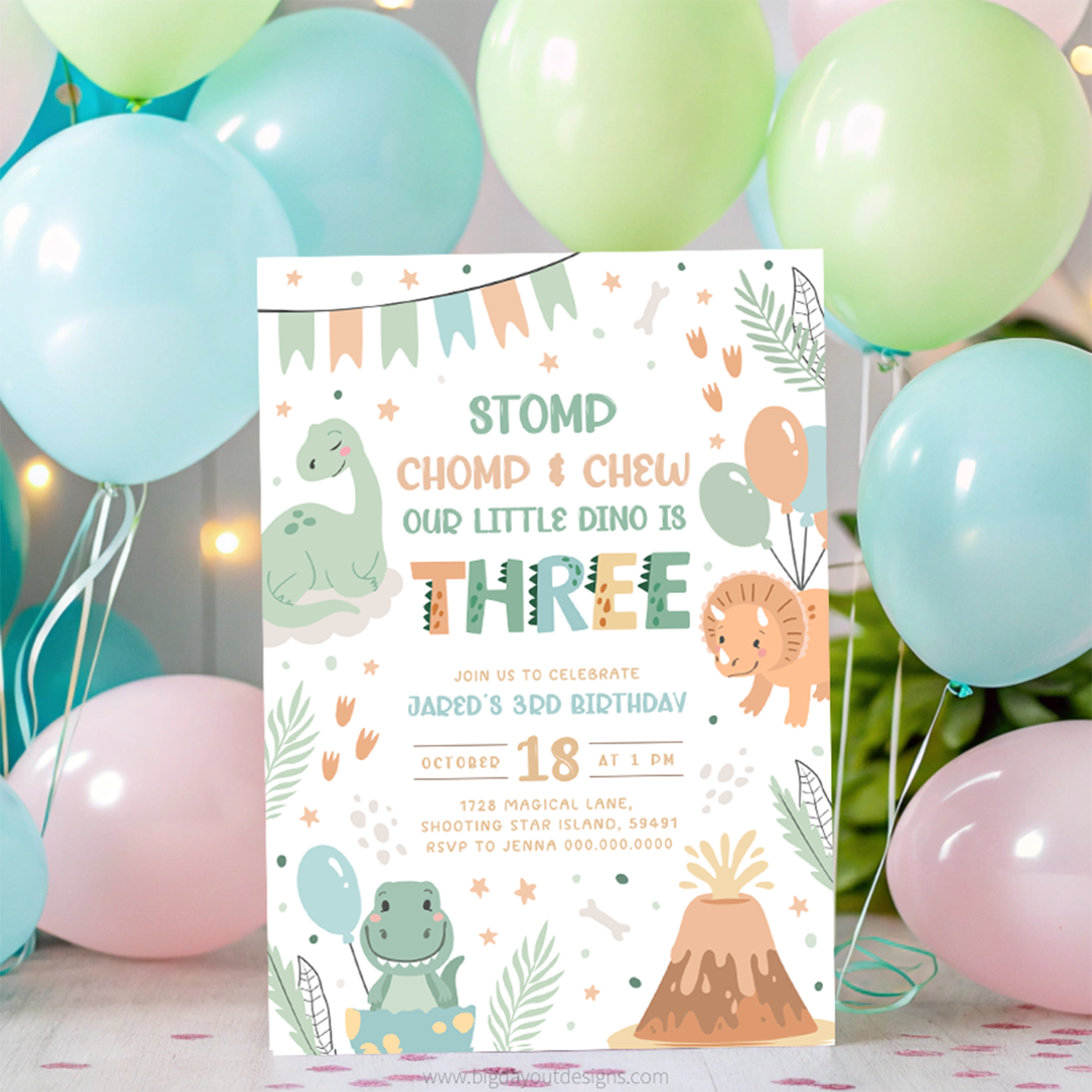 Birthday invitation card with dinosaur theme surrounded by colorful balloons
