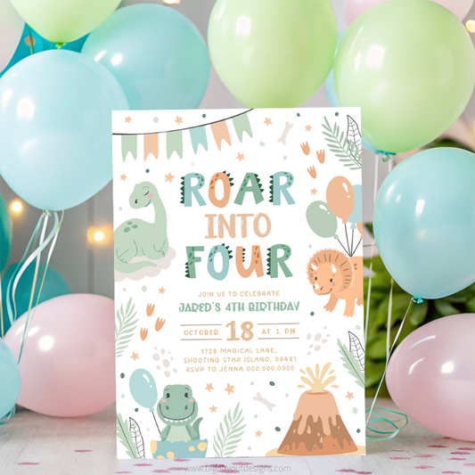 Birthday party invitation with dinosaur theme surrounded by balloons