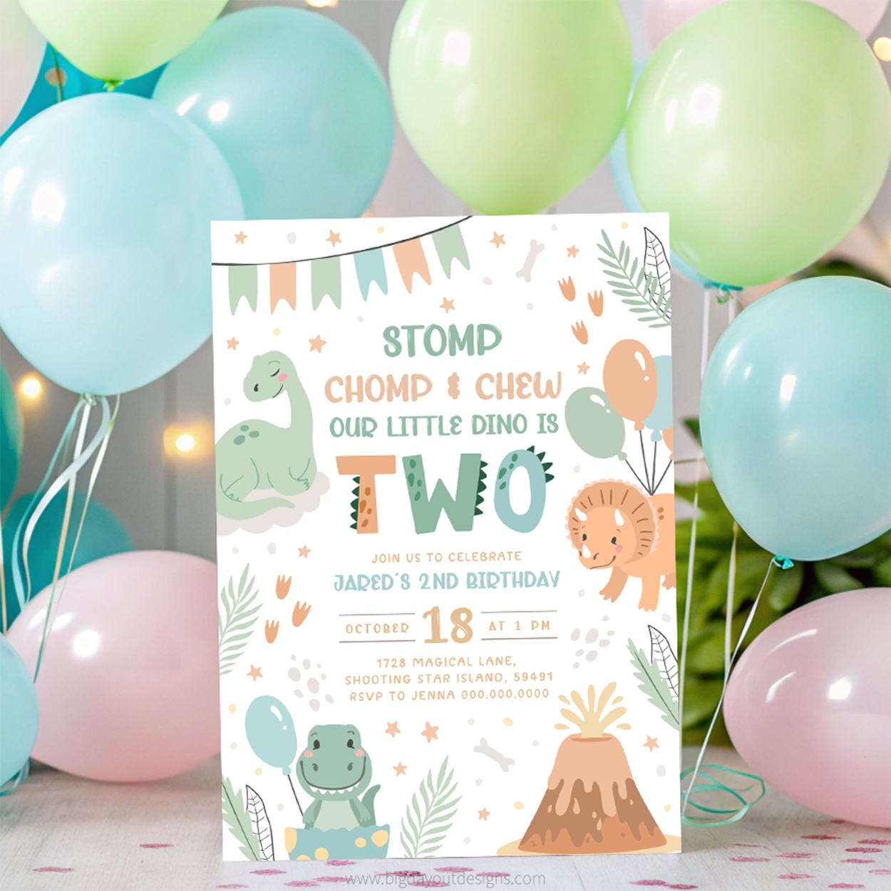 Birthday invitation card with dinosaur theme surrounded by colorful balloons