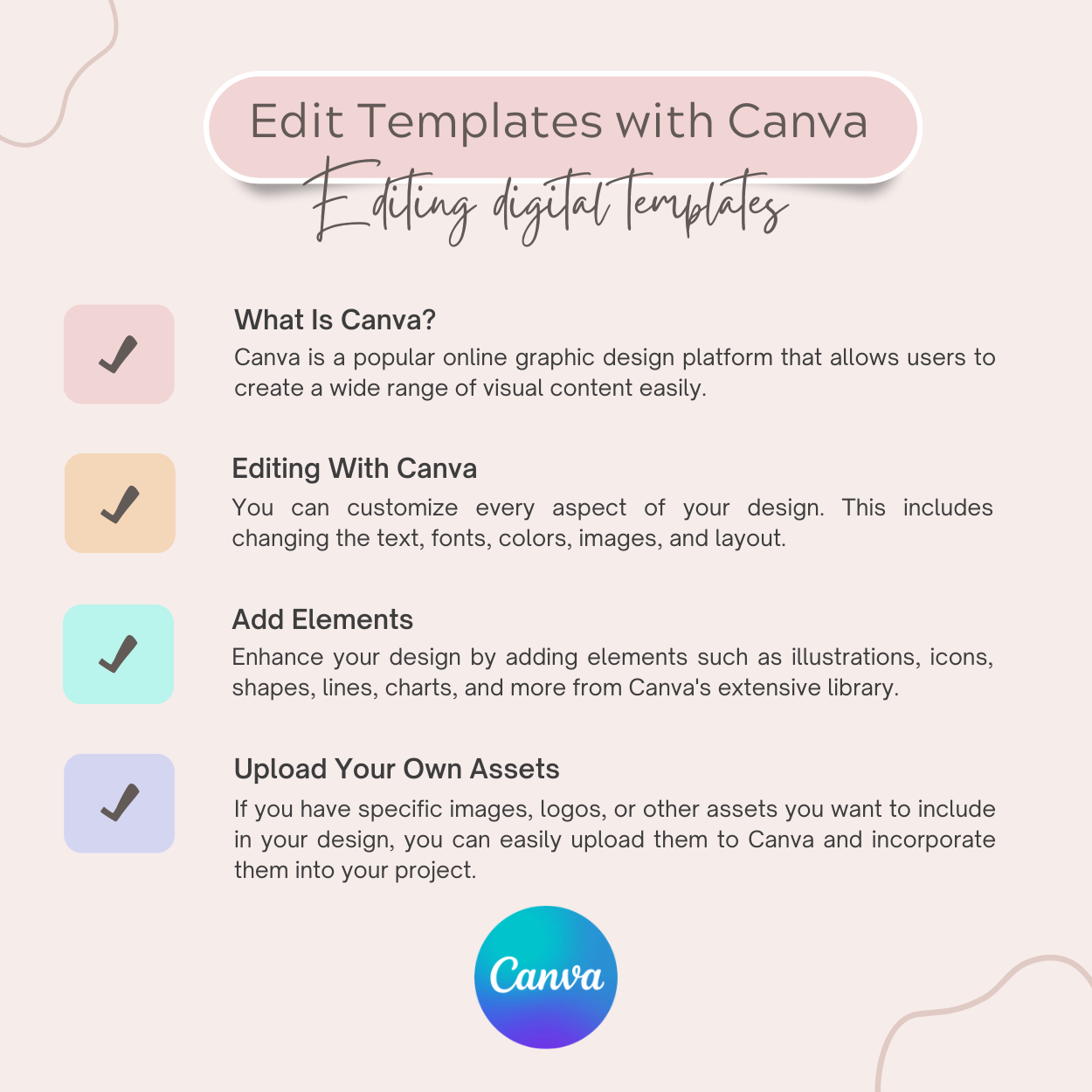 Canva editing digital templates infographic with text and icons on a light pink background