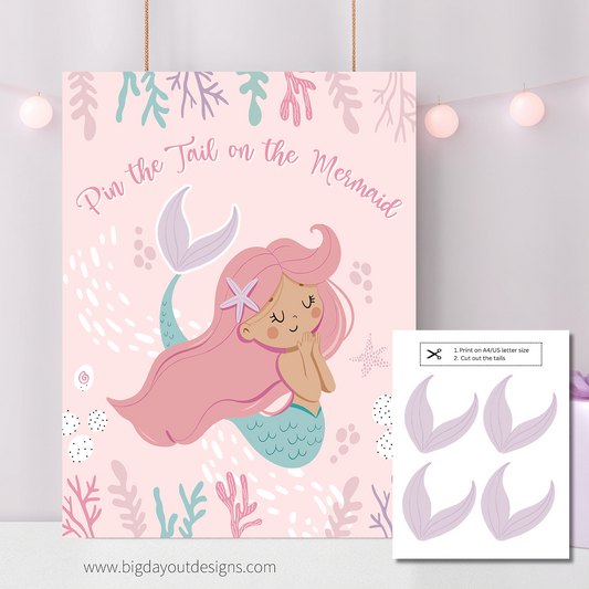 Mermaid-themed 'Pin the Tail on the Mermaid' game with pink background and mermaid illustration.