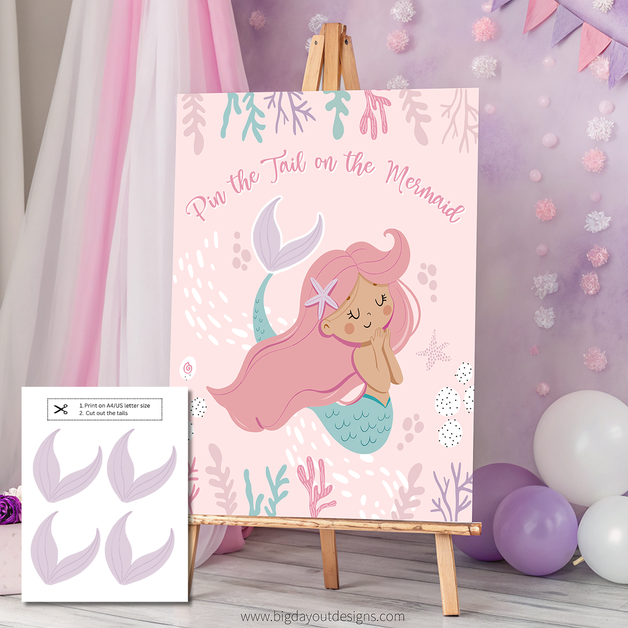 Mermaid-themed 'Pin the Tail on the Mermaid' game board on an easel with balloons and decorations.