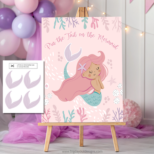 Mermaid-themed 'Pin the Tail on the Mermaid' game with balloons and tulle in the background.