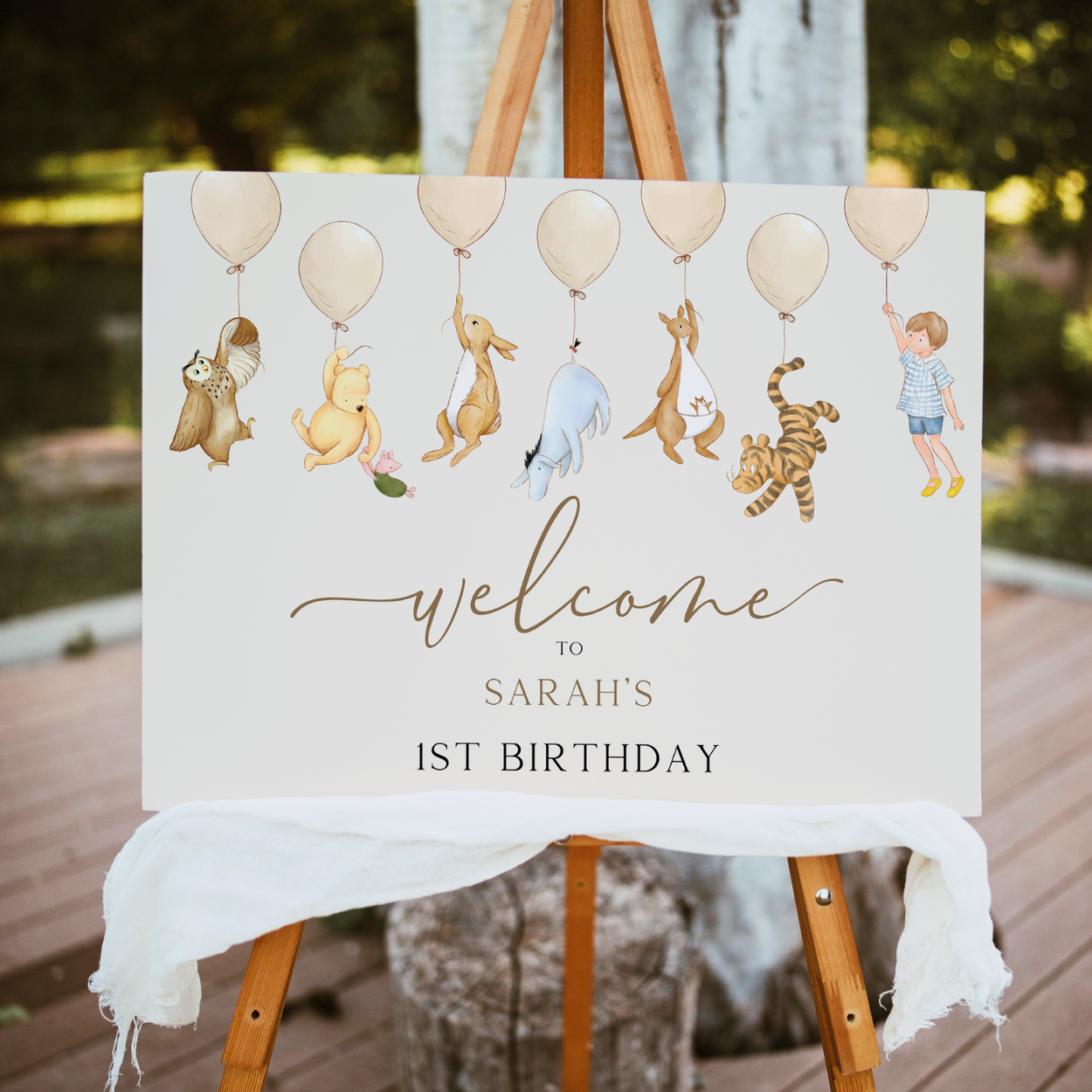 neutral 1st birthday sign - winnie the pooh and friends