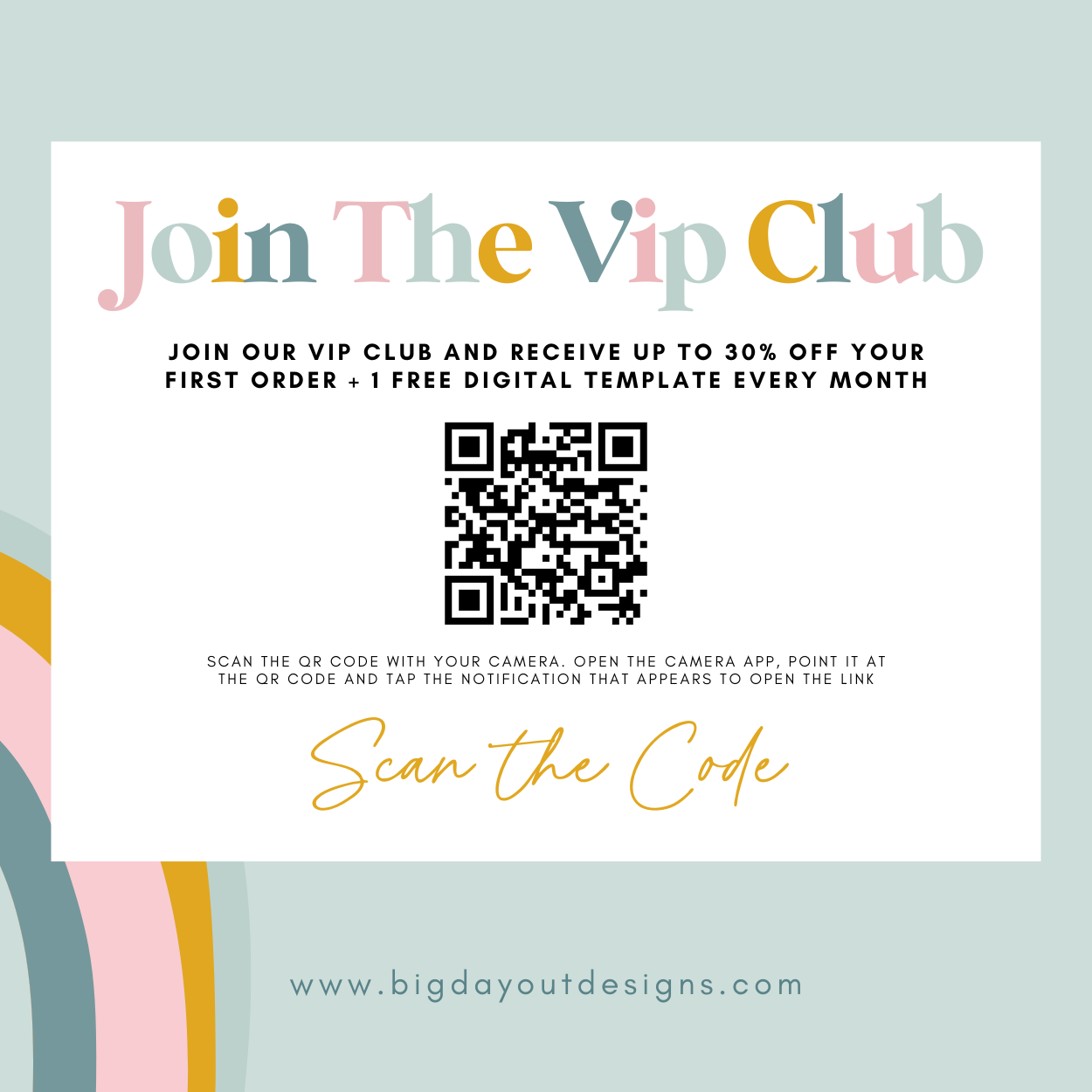 Promotional flyer for joining a VIP club with a QR code on a light blue background