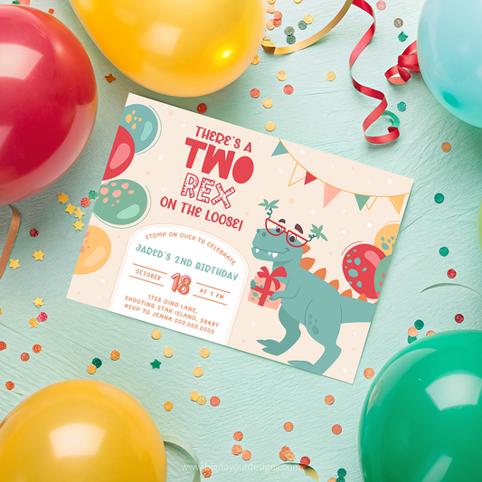Birthday invitation card with dinosaur design surrounded by colorful balloons and confetti on a light blue background