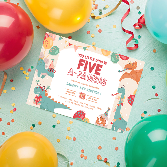 Birthday invitation card with colorful balloons and confetti on a light blue background