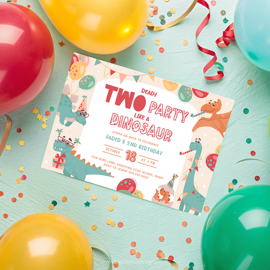 Birthday party invitation with dinosaur theme surrounded by balloons and confetti on a light blue background