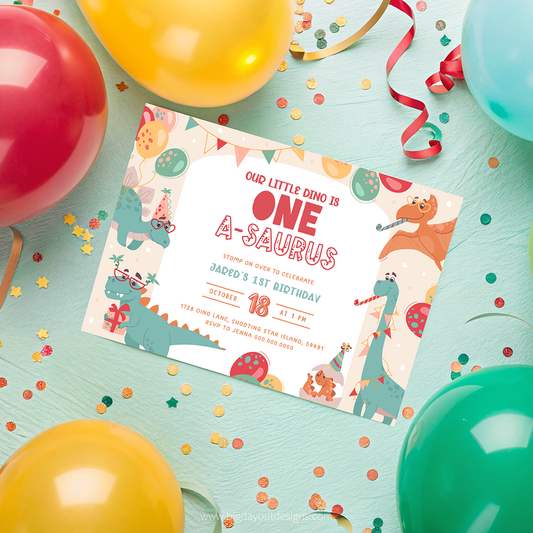 Birthday invitation card with dinosaur theme surrounded by colorful balloons and confetti on a light blue background