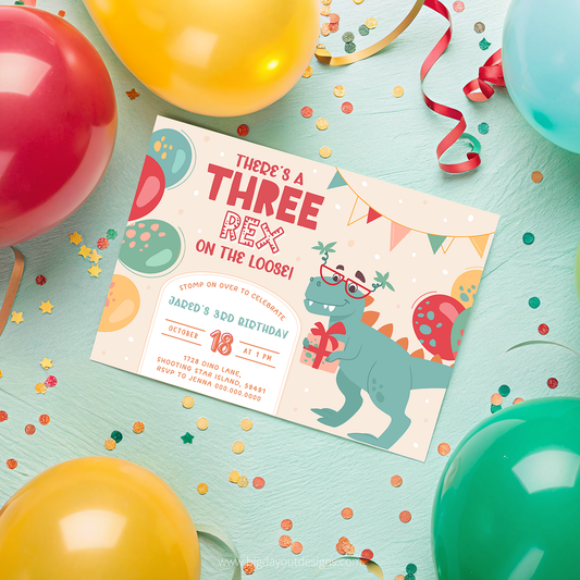 Birthday invitation card with dinosaur design surrounded by colorful balloons and confetti on a light blue background