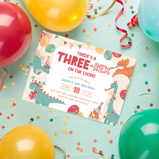 Birthday party invitation with balloons and confetti on a light blue background