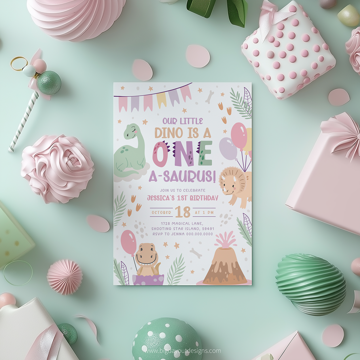 Birthday invitation card with dinosaur theme surrounded by party decorations on a light green background