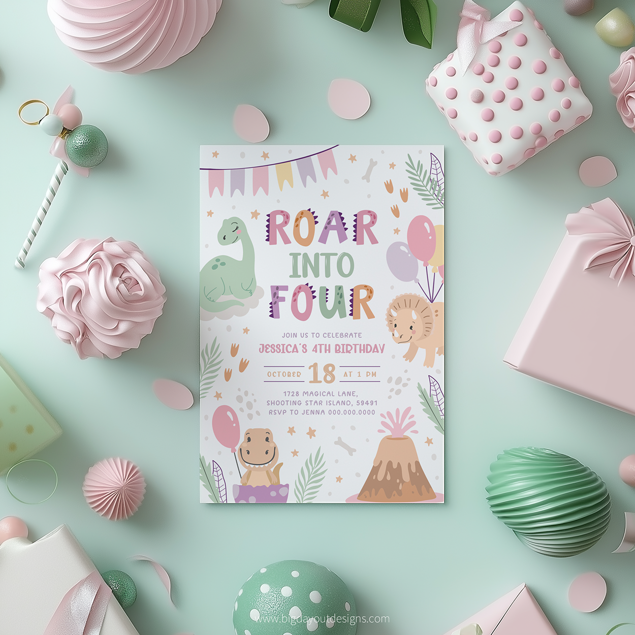 Birthday invitation card with dinosaur theme surrounded by party decorations on a light green background