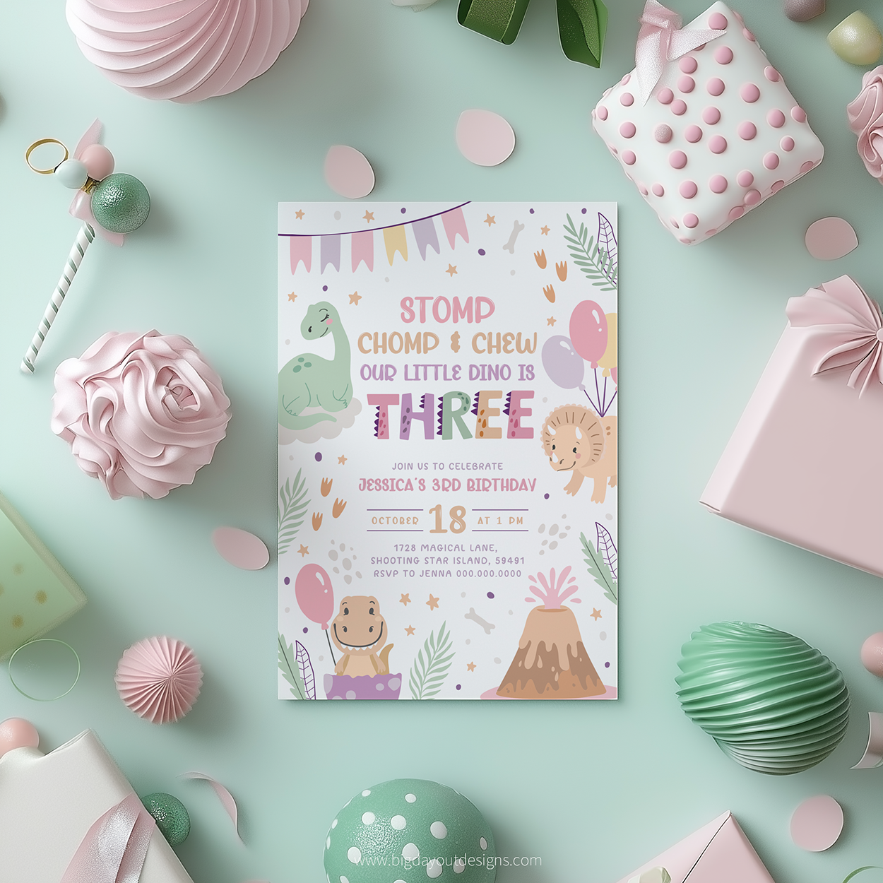 Birthday invitation card with dinosaur theme surrounded by party decorations on a light green background