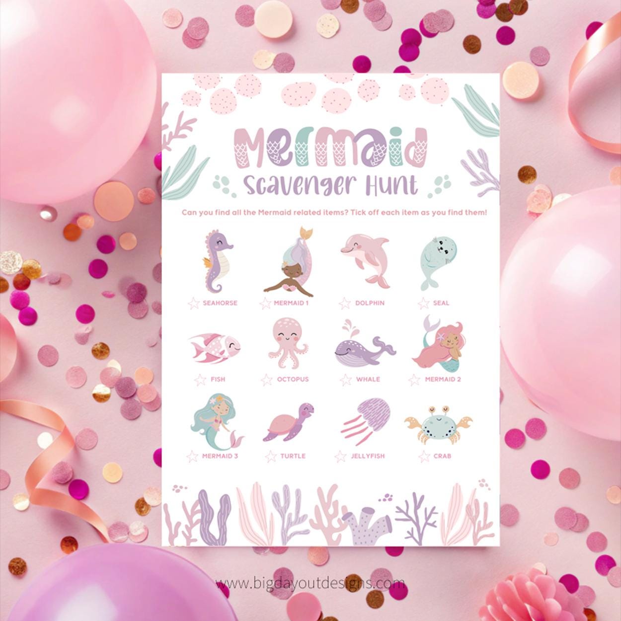Mermaid scavenger hunt sheet on a pink background with balloons and confetti