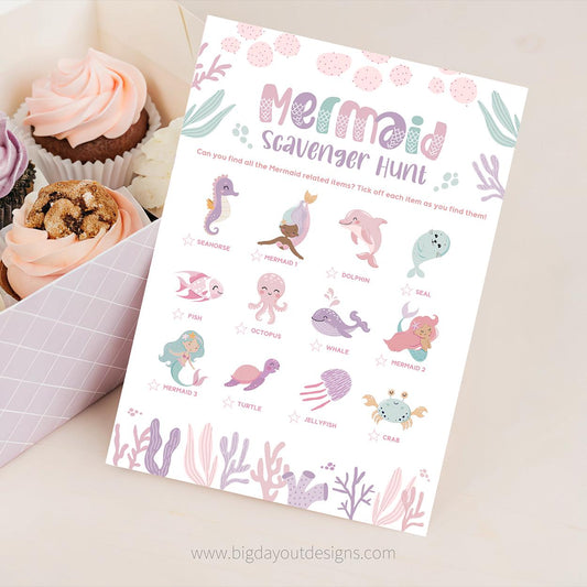 Mermaid scavenger hunt sheet with illustrations on a light background