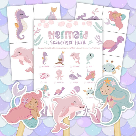 Mermaid-themed scavenger hunt game with stickers on a mermaid pattern background
