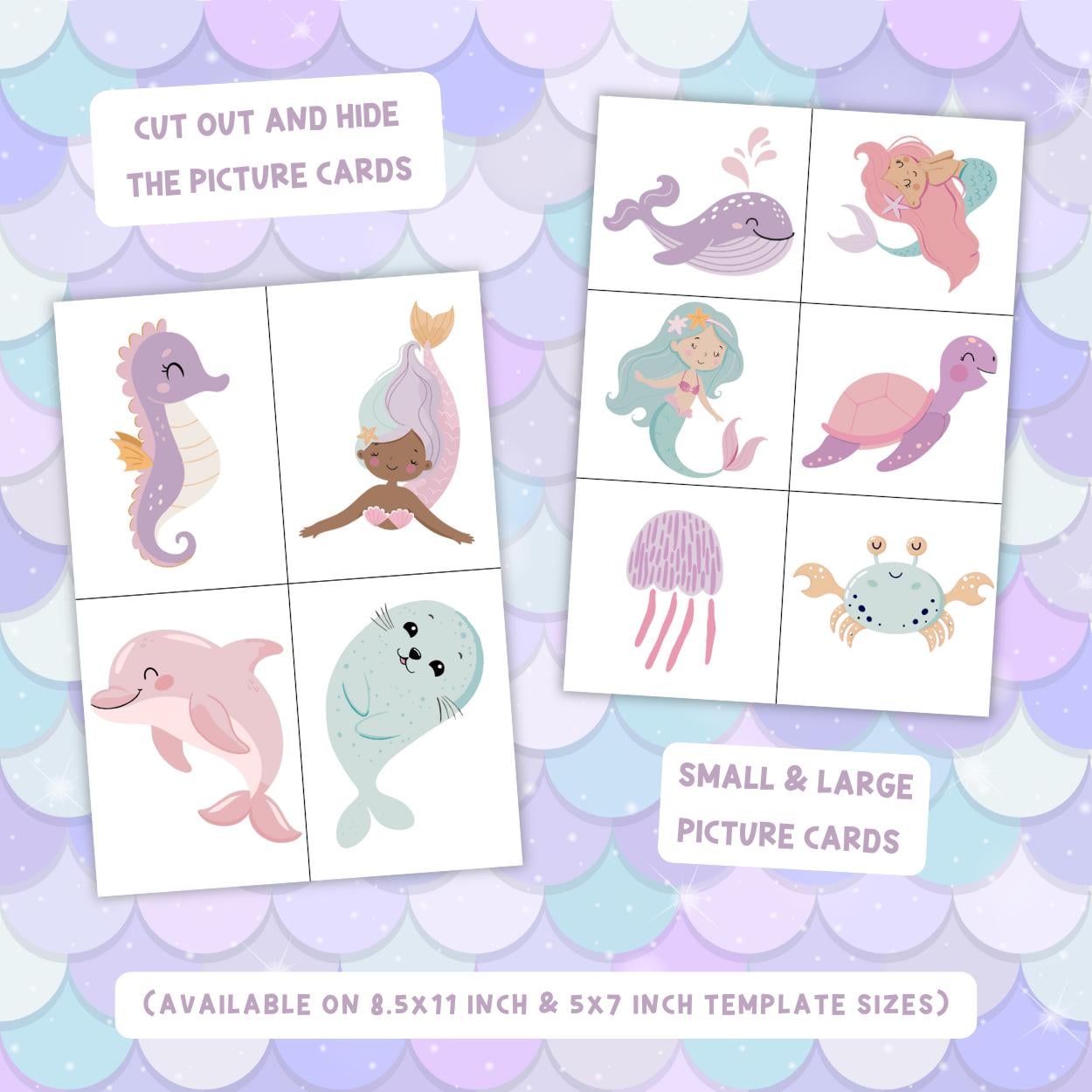 Set of small and large picture cards with sea-themed illustrations on a mermaid scale background.
