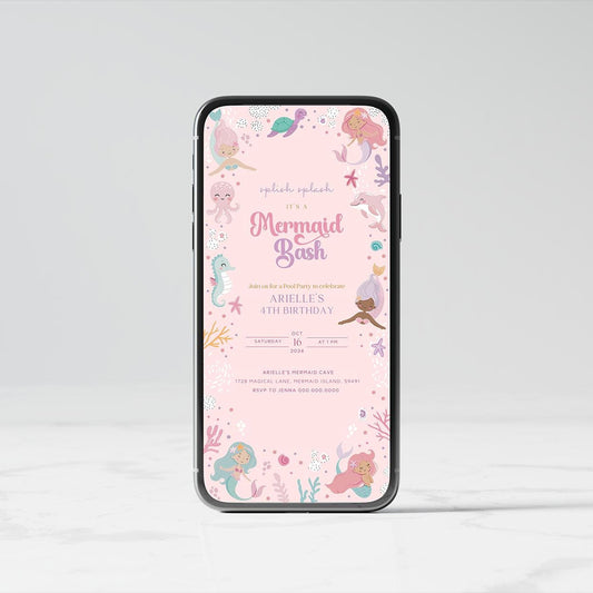 Phone displaying a mermaid-themed birthday party invitation on a light gray background