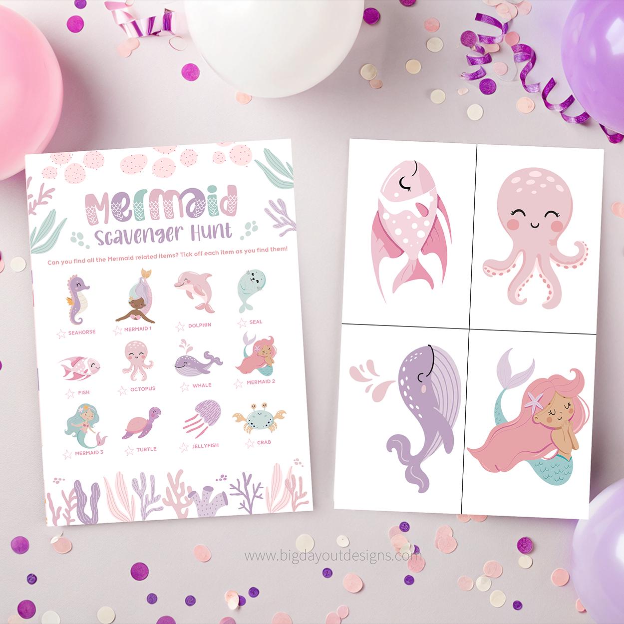 Mermaid-themed scavenger hunt game and cards on a decorative background with balloons and confetti.