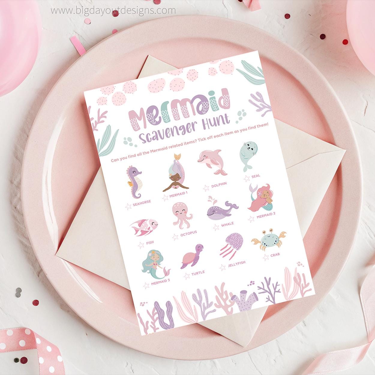 Mermaid scavenger hunt sheet on a pink plate with decorative elements.