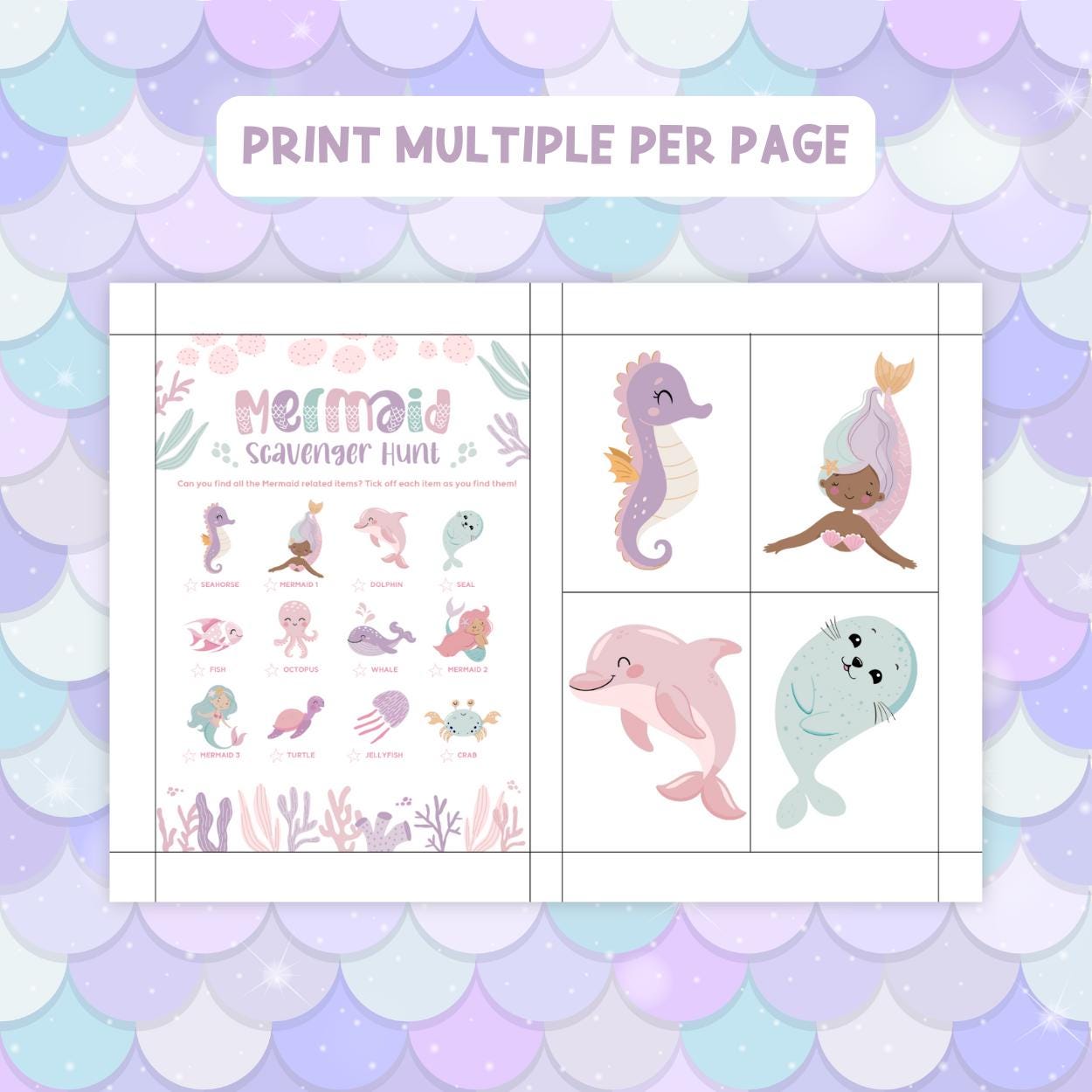 Mermaid-themed scavenger hunt sheet with illustrations on a mermaid scale background.