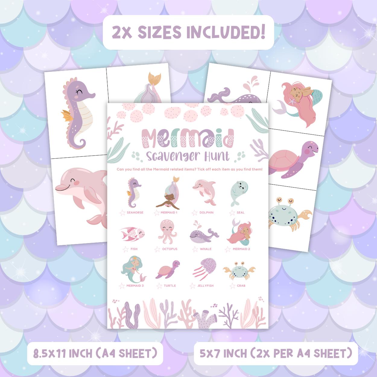 Mermaid-themed scavenger hunt sheets on a mermaid scale background