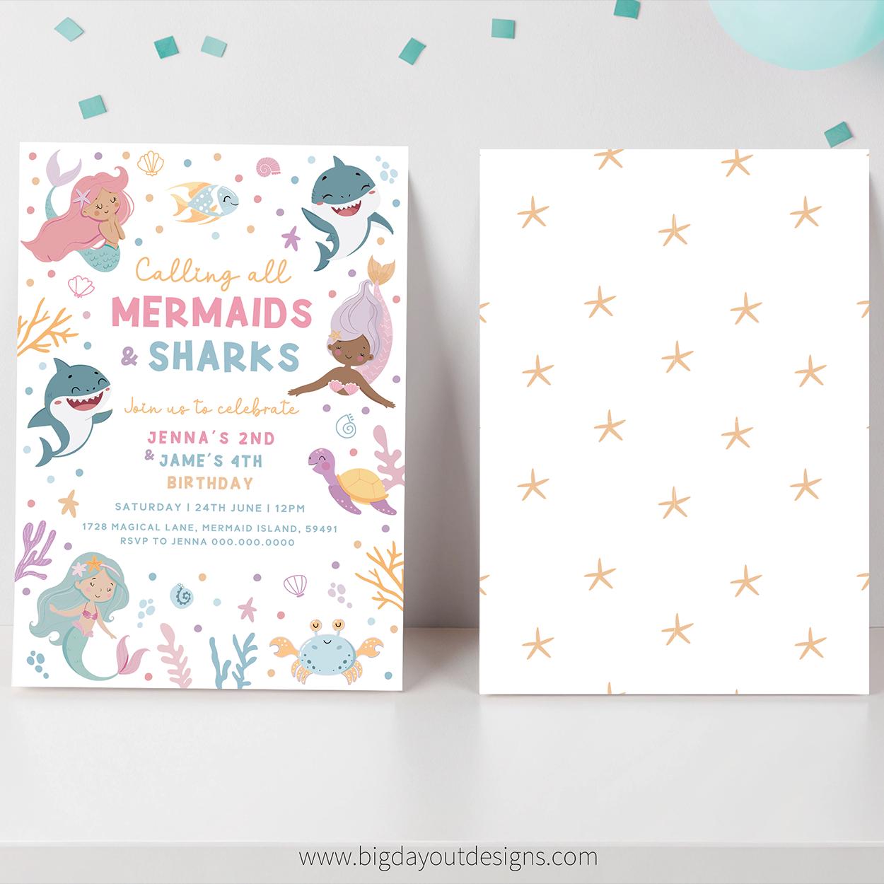 Mermaid and Shark Birthday Invitation