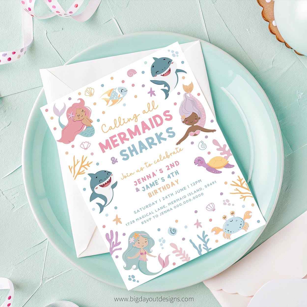 Mermaid and Shark Birthday Invitation