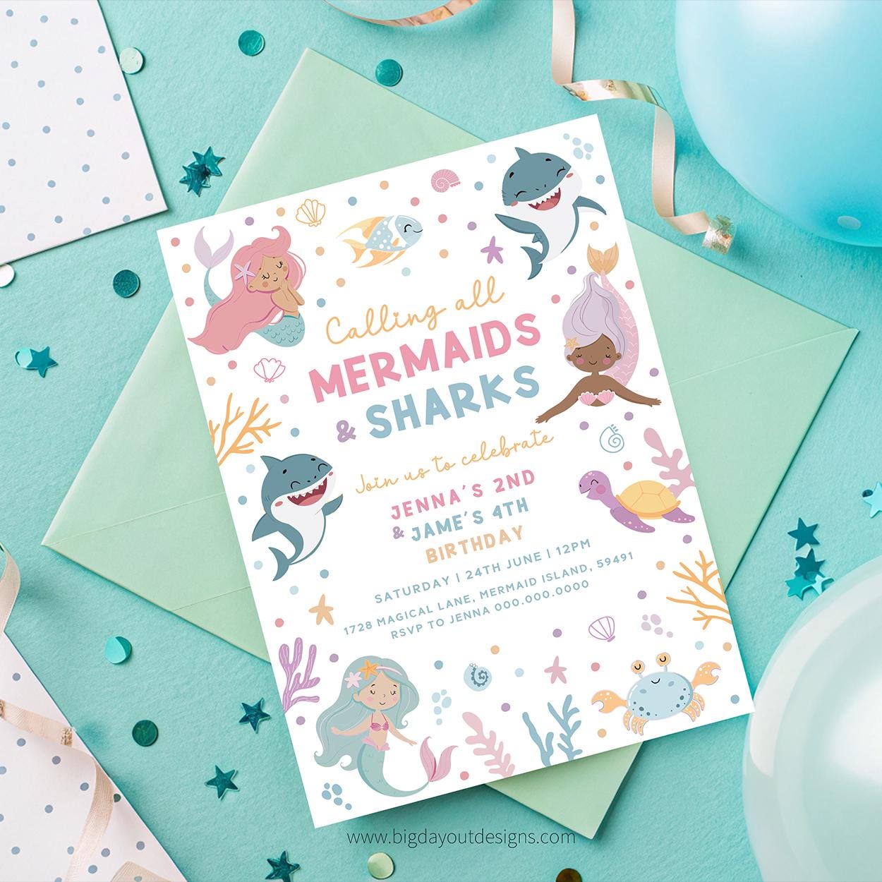 Mermaid and Shark Birthday Invitation