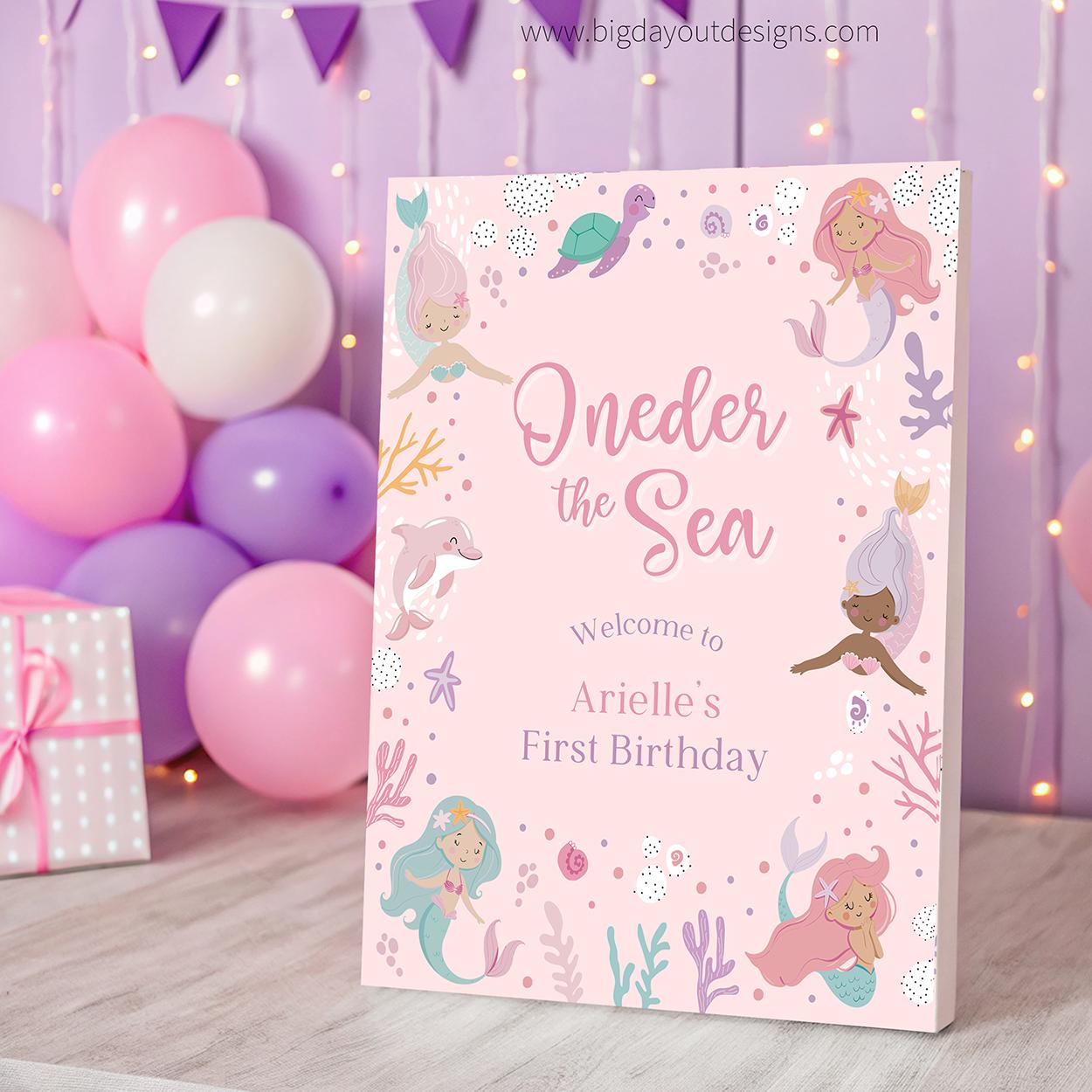 Birthday party sign with mermaid theme and balloons in the background
