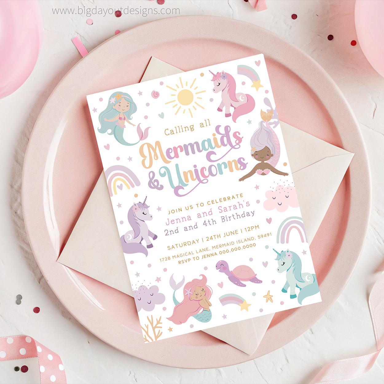 Mermaid Unicorn Party Invitation