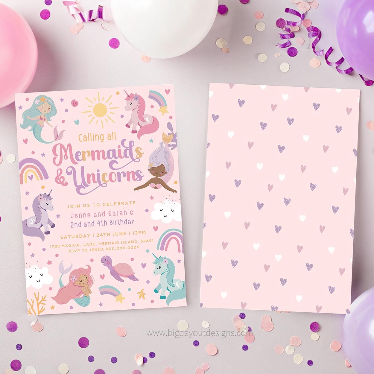 Instant download mermaid unicorn pool party invite