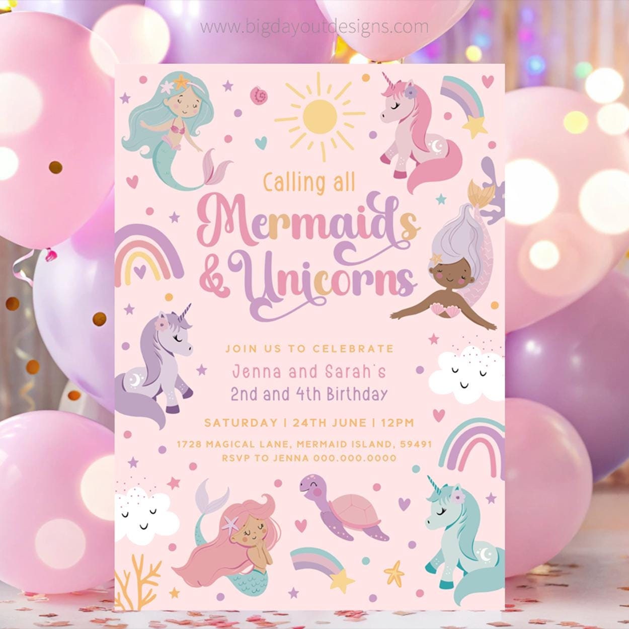 Magical sibling joint birthday digital invitation