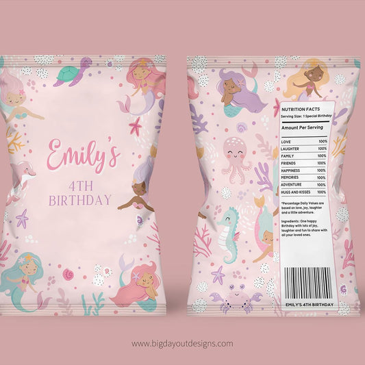 Personalized birthday party favor bag with mermaid design and 'Emily's 4th Birthday' text on a pink background.