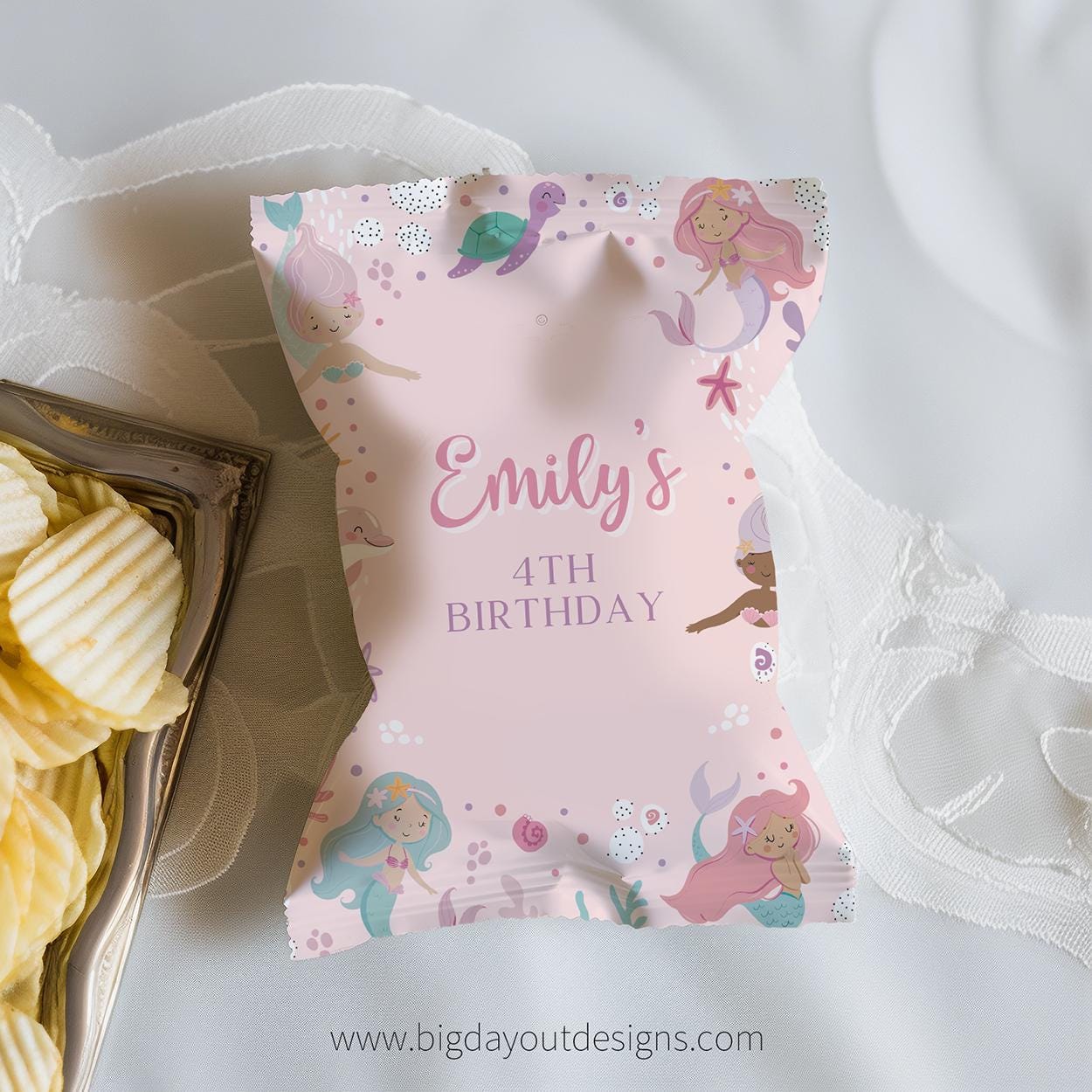 Personalized birthday favor bag with mermaid design and text 'Emily's 4th Birthday' on a white background.