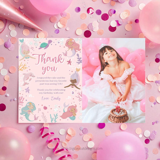 Thank you card with mermaid design and birthday girl with cake on pink background
