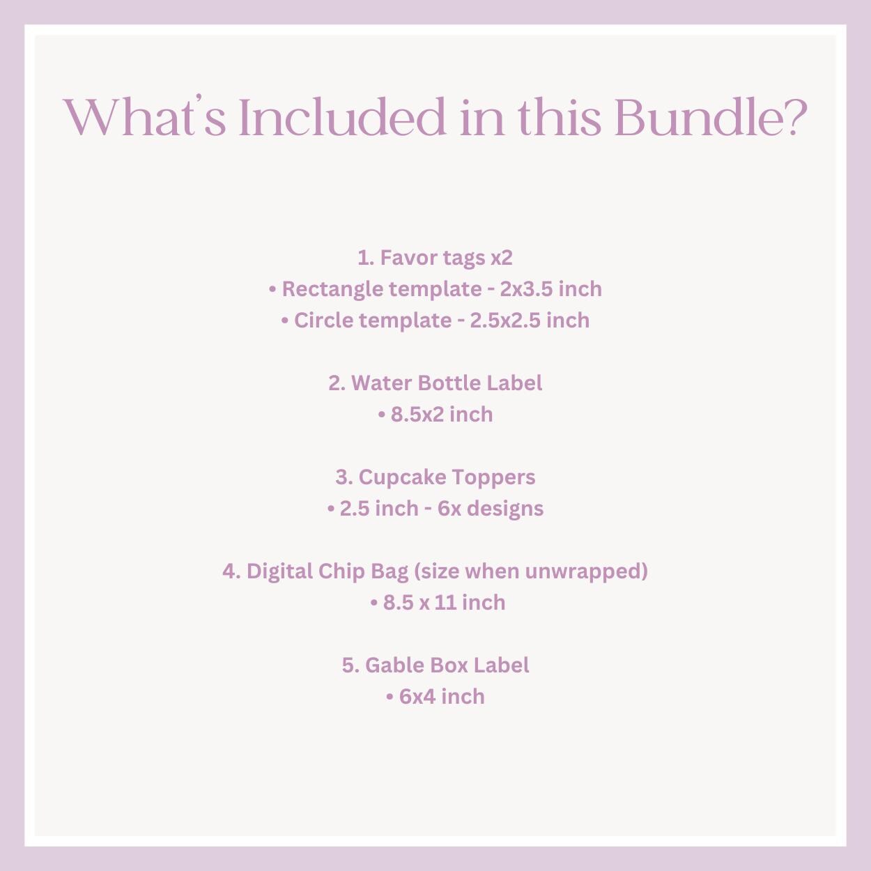 List of items included in a design bundle with templates and packaging options on a light purple background.