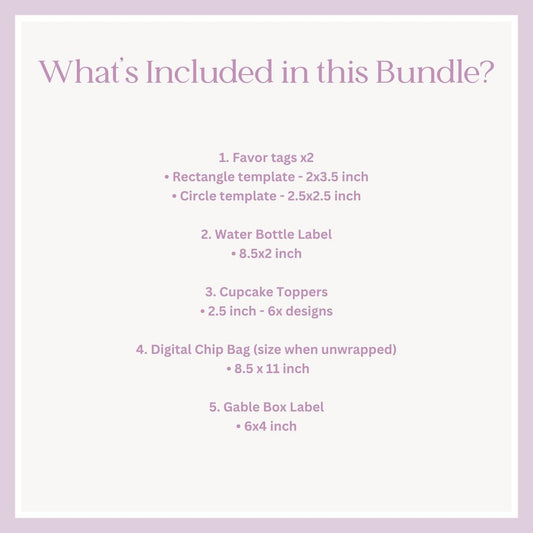 List of items included in a design bundle with templates and packaging options on a light purple background.