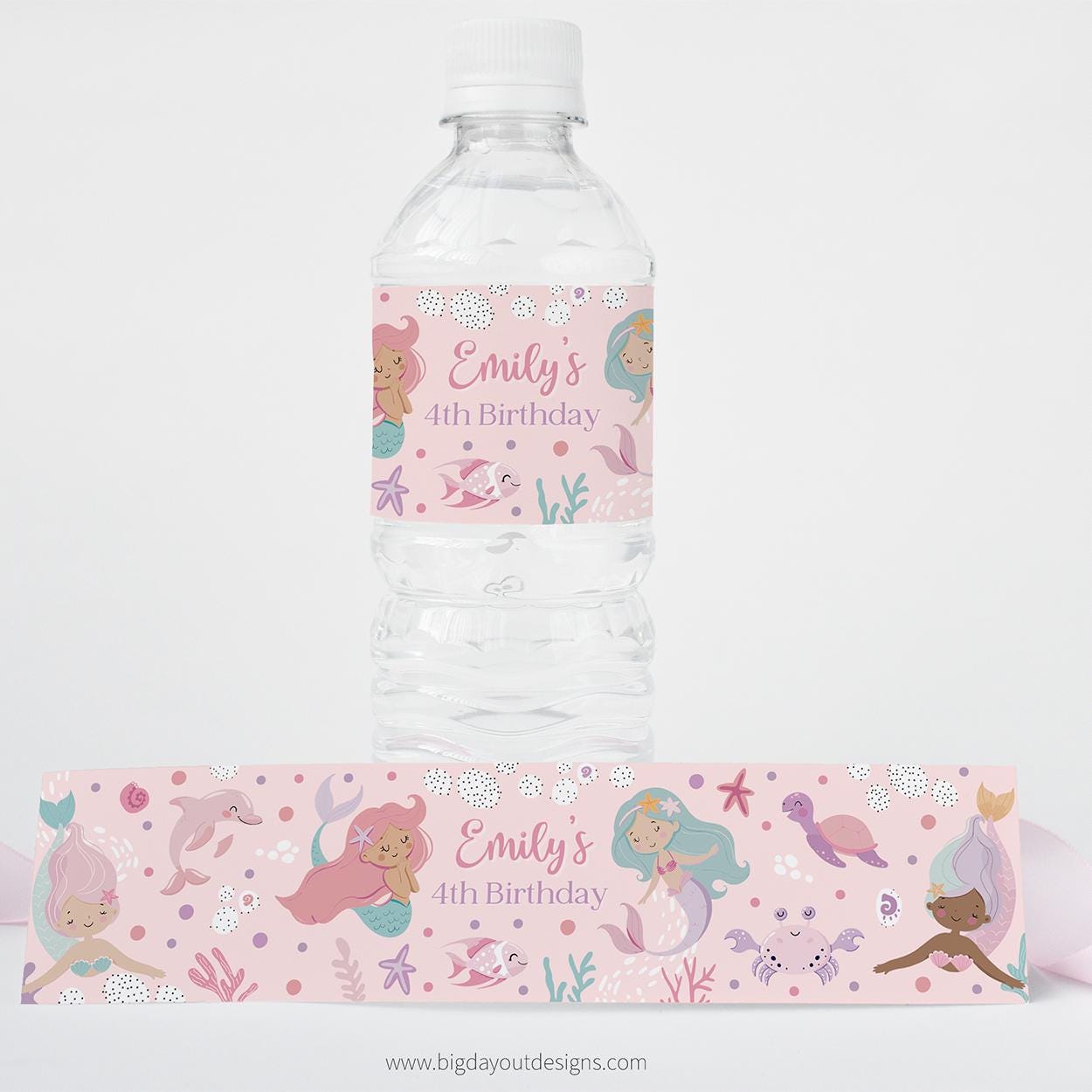 Personalized water bottle label with mermaid design and text 'Emily's 4th Birthday' on a pink background.