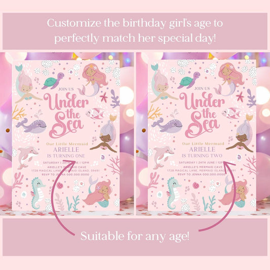 Under the Sea birthday invitation cards with mermaids and sea creatures on a pink background.
